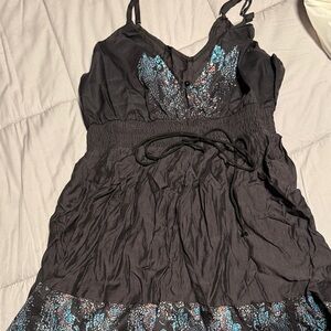 Black Floral Accent Sundress with Blue & Teal Detail